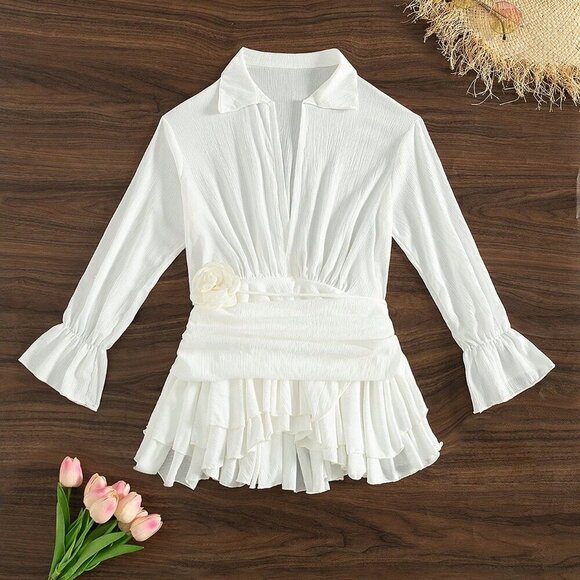 White Women's Ruffle Trim Flounce Sleeve Cover Up Dress Without Bikini - Picture 6 of 8